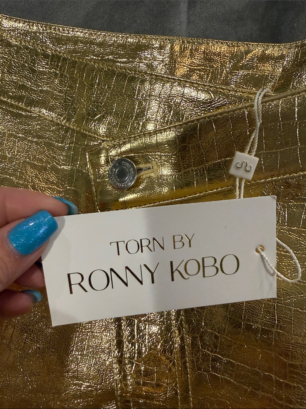 NWT - Torn by Ronny Kobo Metallic Gold Faux Croc Mini Skirt